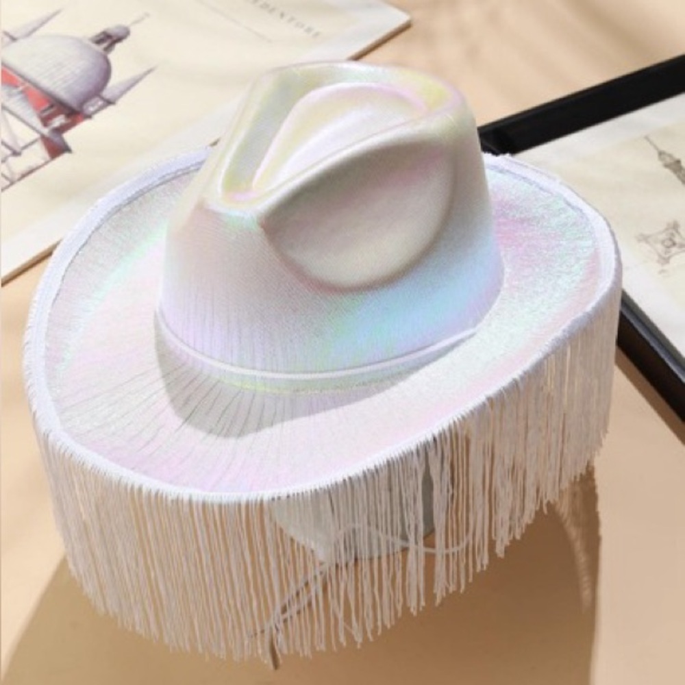 Irridescent Fringe Hem Fedora Hat White